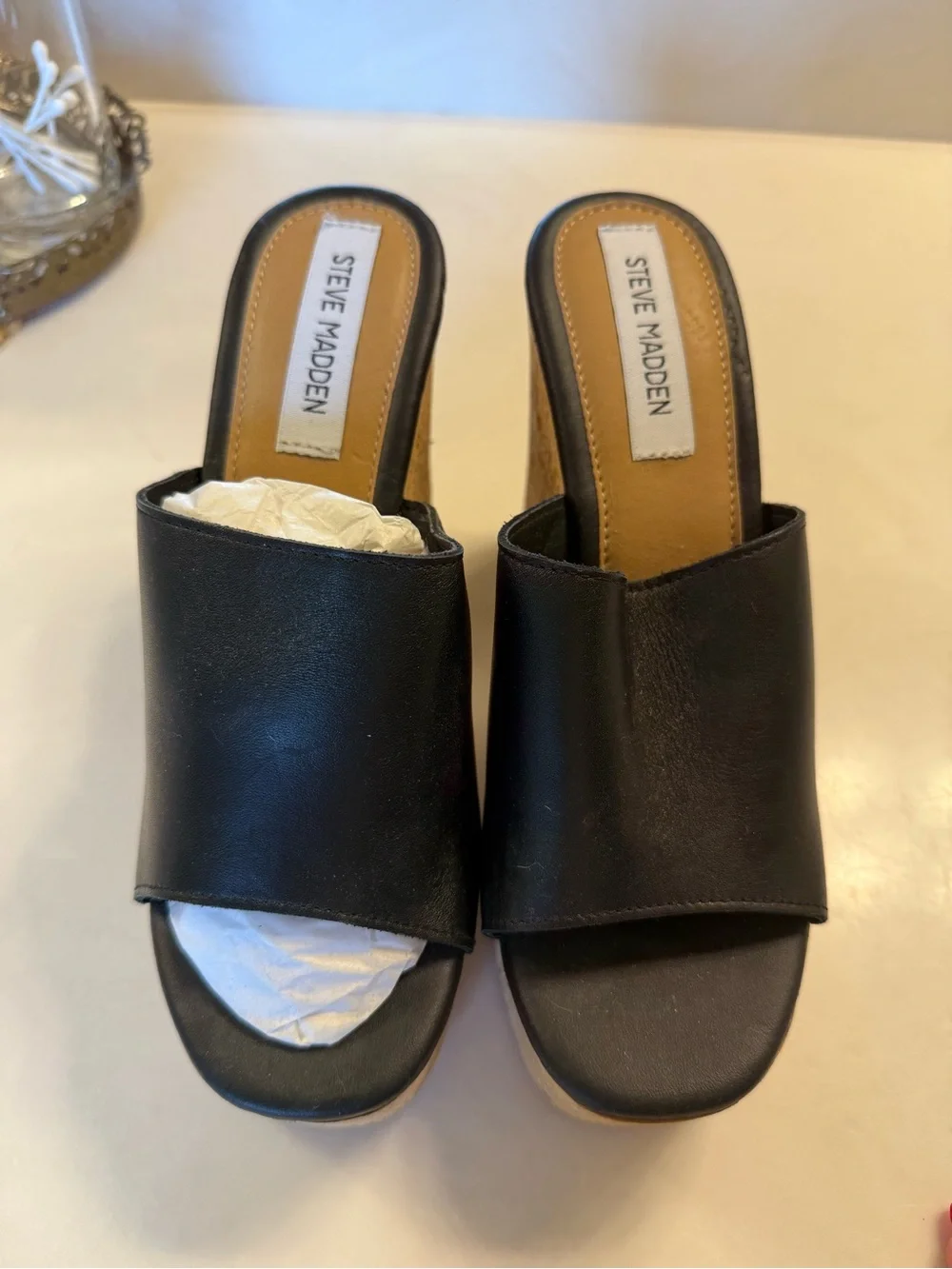 Steve Madden Black Leather Cork Platform Slide Heels